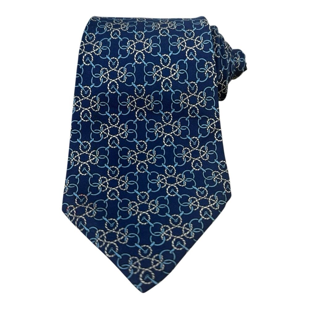 HERMES Men's Silk Designer Luxury Necktie Chaîne d'Ancre Pattern Anchor Chains